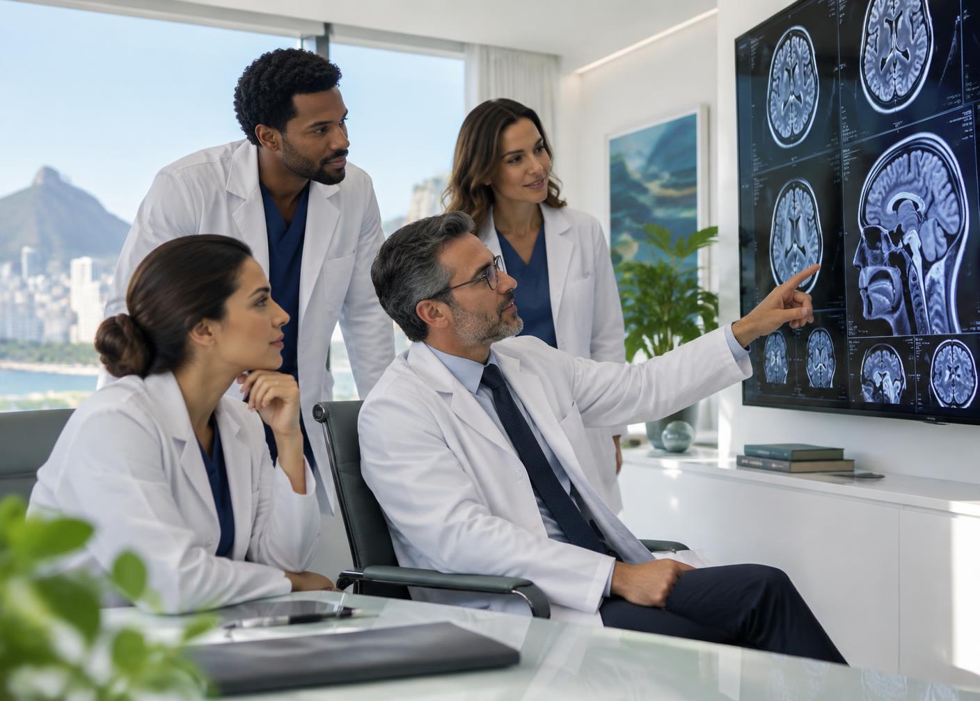 Equipe médica analisando imagens de ressonância