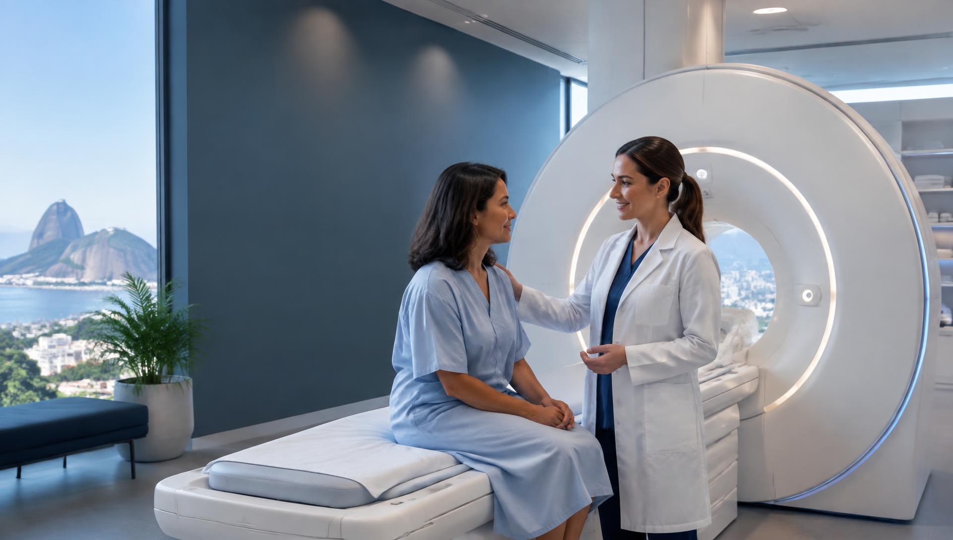 Médica conversando com paciente ao lado de equipamento de ressonância magnética